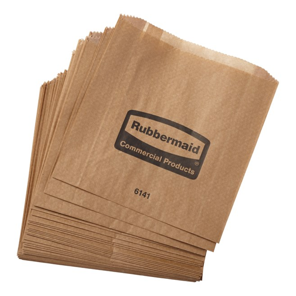 A stack of brown paper bags with printed text on the front, arranged neatly in a pile. Rubbermaid® Waxed Bags for Sanitary Napkin Receptacle (8.75 in. x 8.5 in. x 2.75 in., 250/Case)